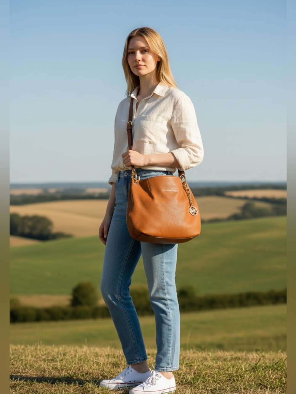 Michael Kors Cognac Leather Shoulder Hobo Crossbody with Gold Chain